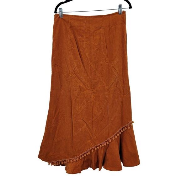 Nikki Collection Skirt M Burnt Orange Maxi Retro 70s Corduroy Ruffle Pom Pom - Picture 7 of 10